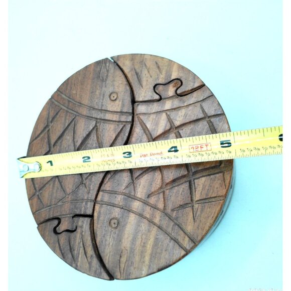 Fish Shaped Wooden Puzzle Box Handmade Carved Trinket Round Made in India 5" Vtg - Picture 7 of 8